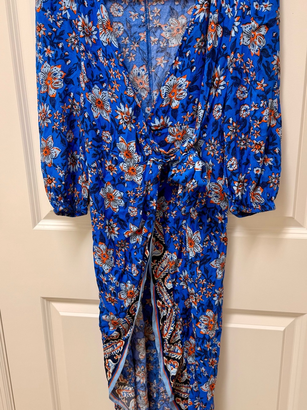 Zara Blue Floral Wrap Jumpsuit with Orange Accents